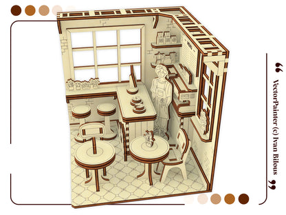 Top down angled 3D model of a cafe book nook insert, showcasing tables and barista stand made of laser cut plywood.