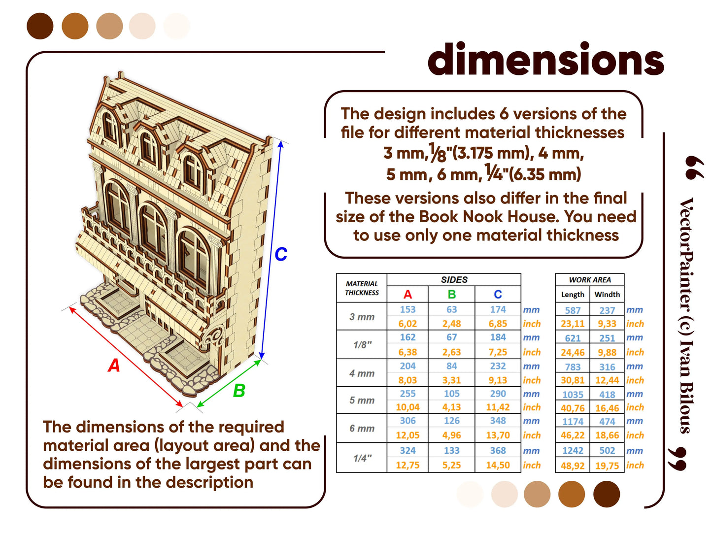 Dimensions and material thickness layout chart with a comprehensive sizing database table for a laser cut plywood model