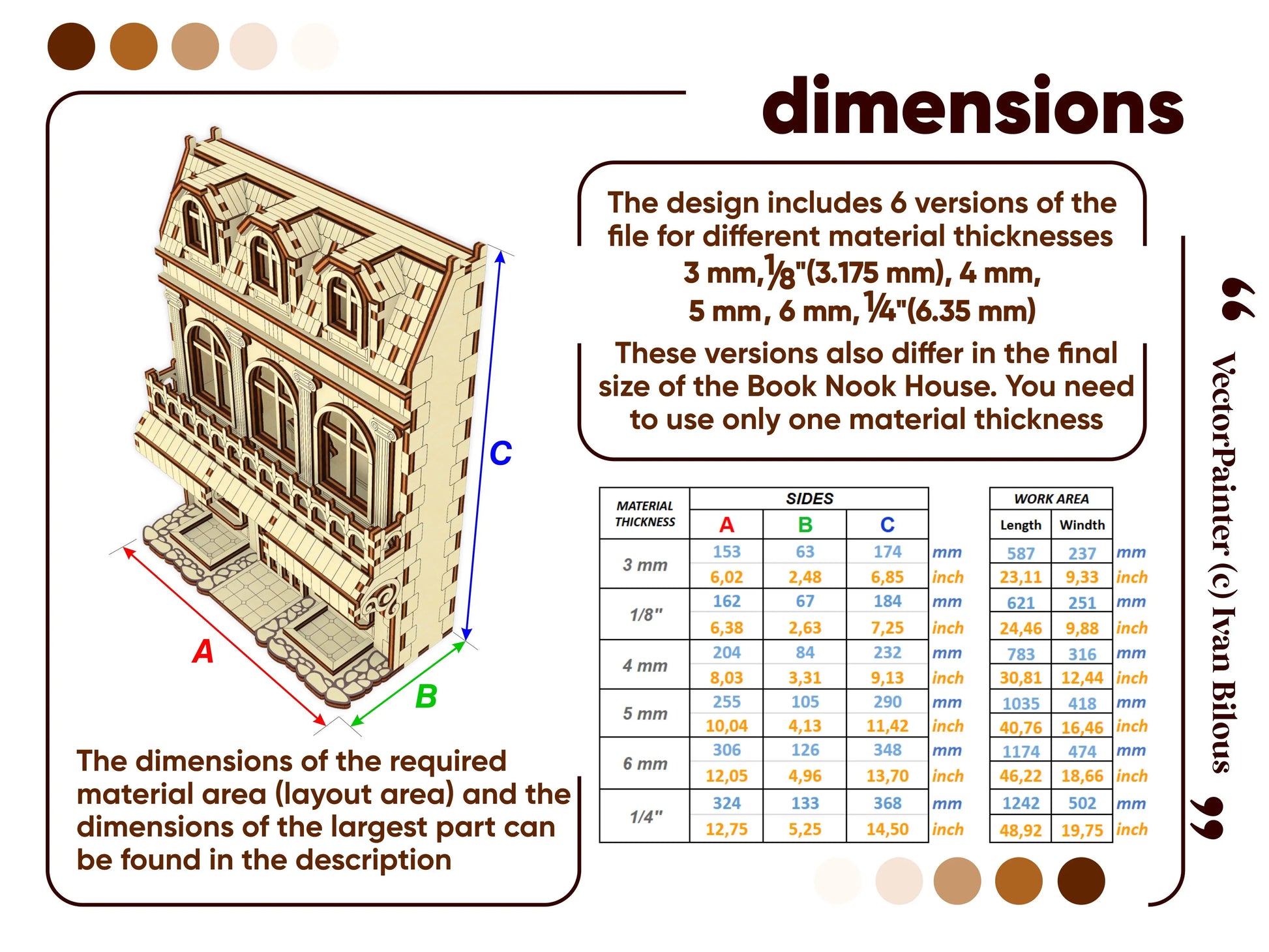 Dimensions and material thickness layout chart with a comprehensive sizing database table for a laser cut plywood model