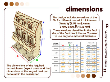 Dimensions and material thickness layout chart with a comprehensive sizing database table for a laser cut plywood model