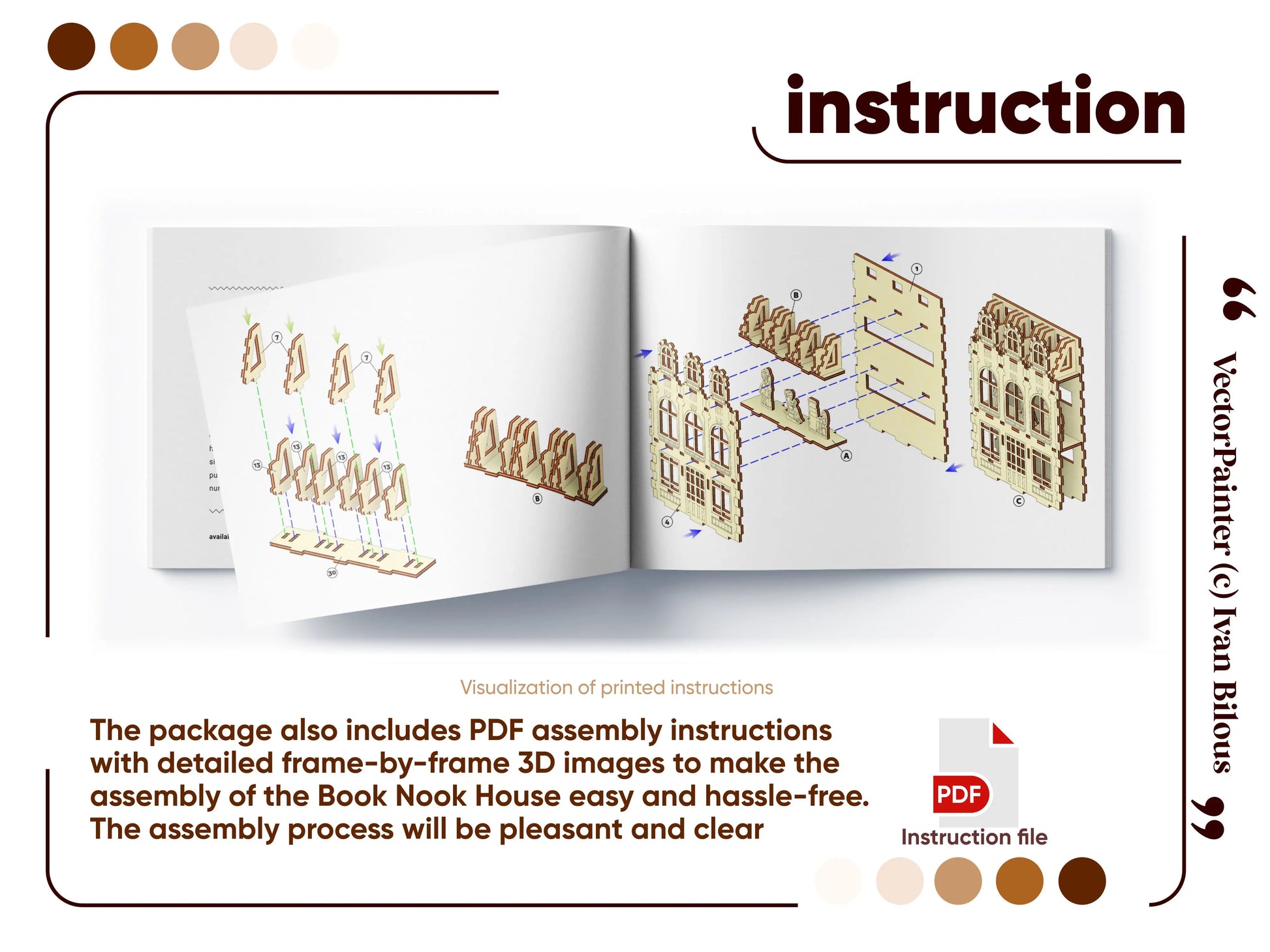 Comprehensive assembly instruction guide preview showing clear 3D step-by-step building diagram pages for laser cut plywood