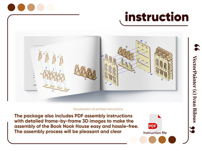 Comprehensive assembly instruction guide preview showing clear 3D step-by-step building diagram pages for laser cut plywood