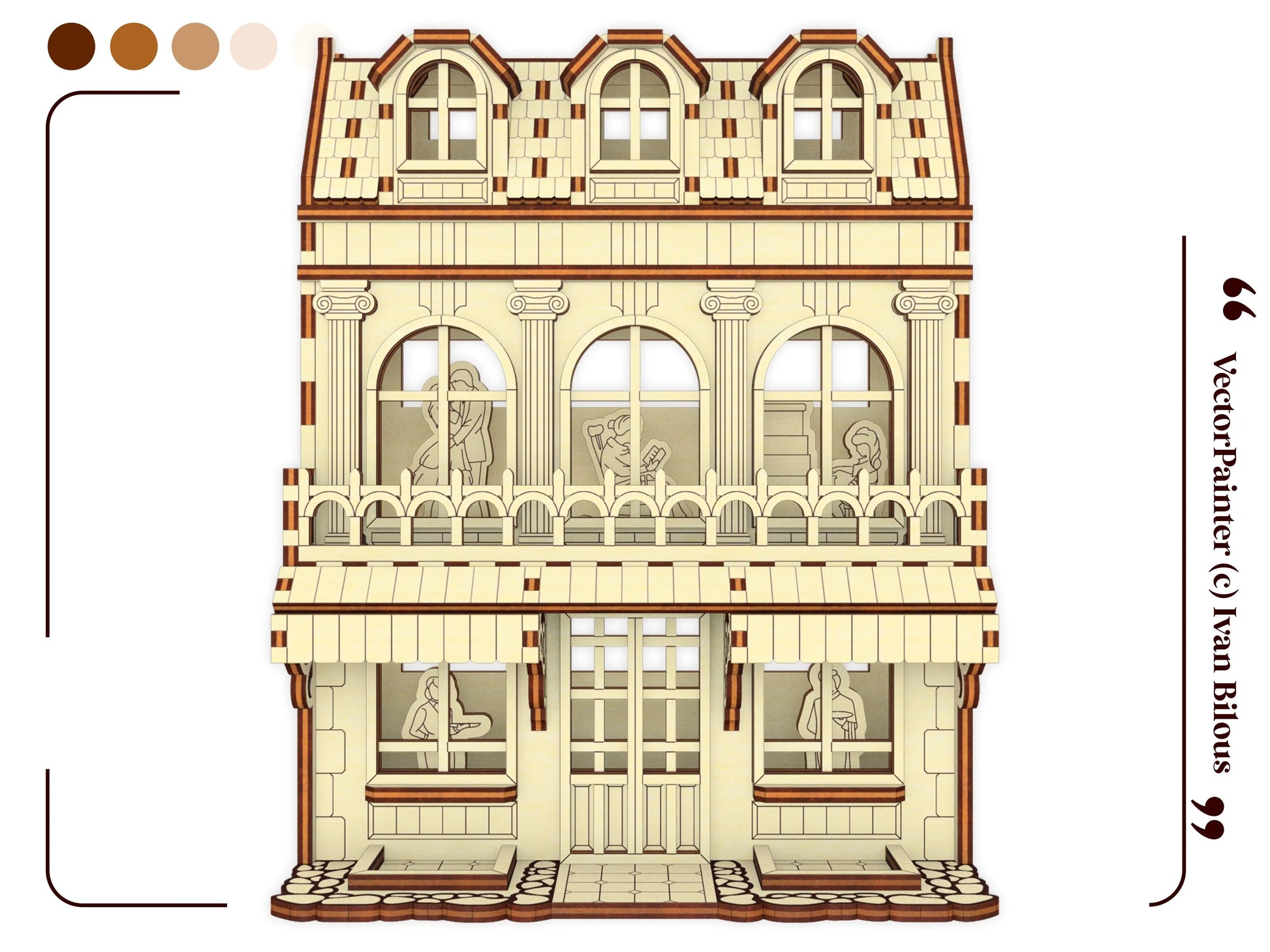 A beautifully clean straight front vector template illustration of a multi-layered European house for laser cut plywood