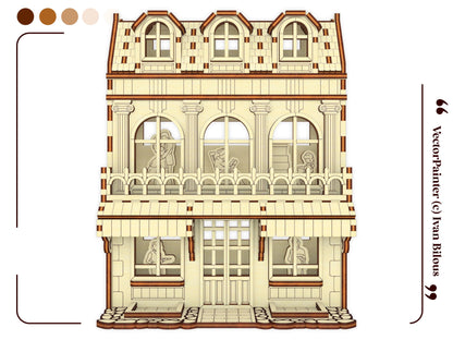 A beautifully clean straight front vector template illustration of a multi-layered European house for laser cut plywood