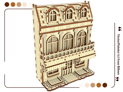 Detailed 3D vector model graphic of a classical European house style book nook shelf insert, made from laser cut plywood