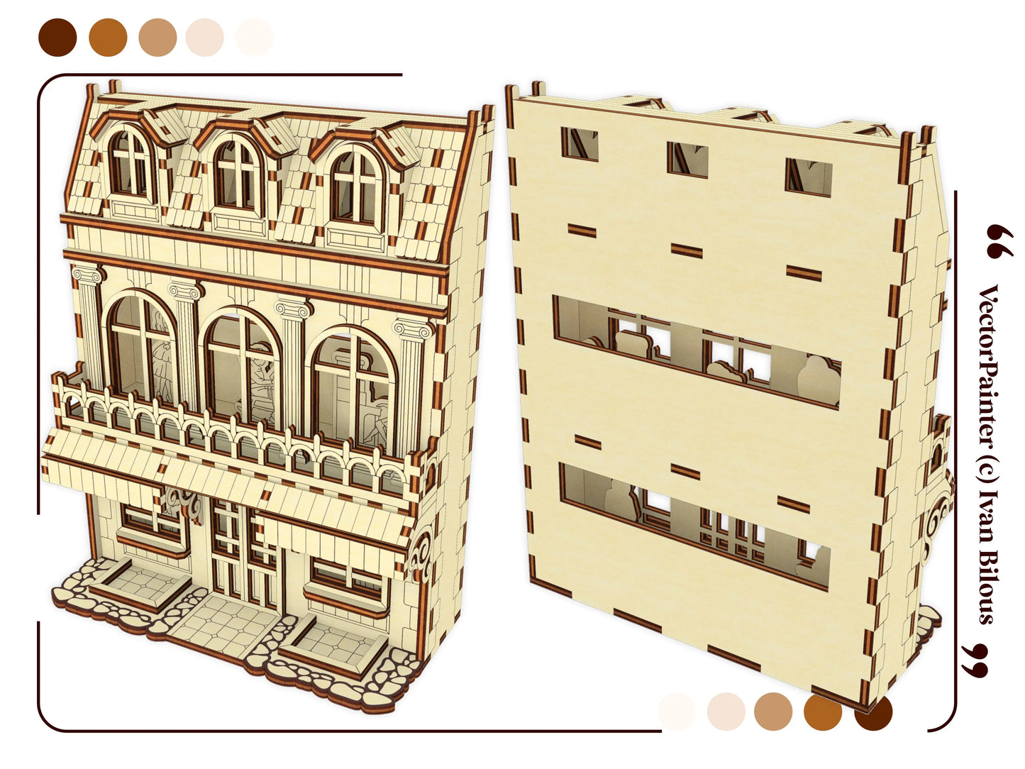 3D digital template graphics displaying both the detailed front and open back views of a house design in laser cut plywood