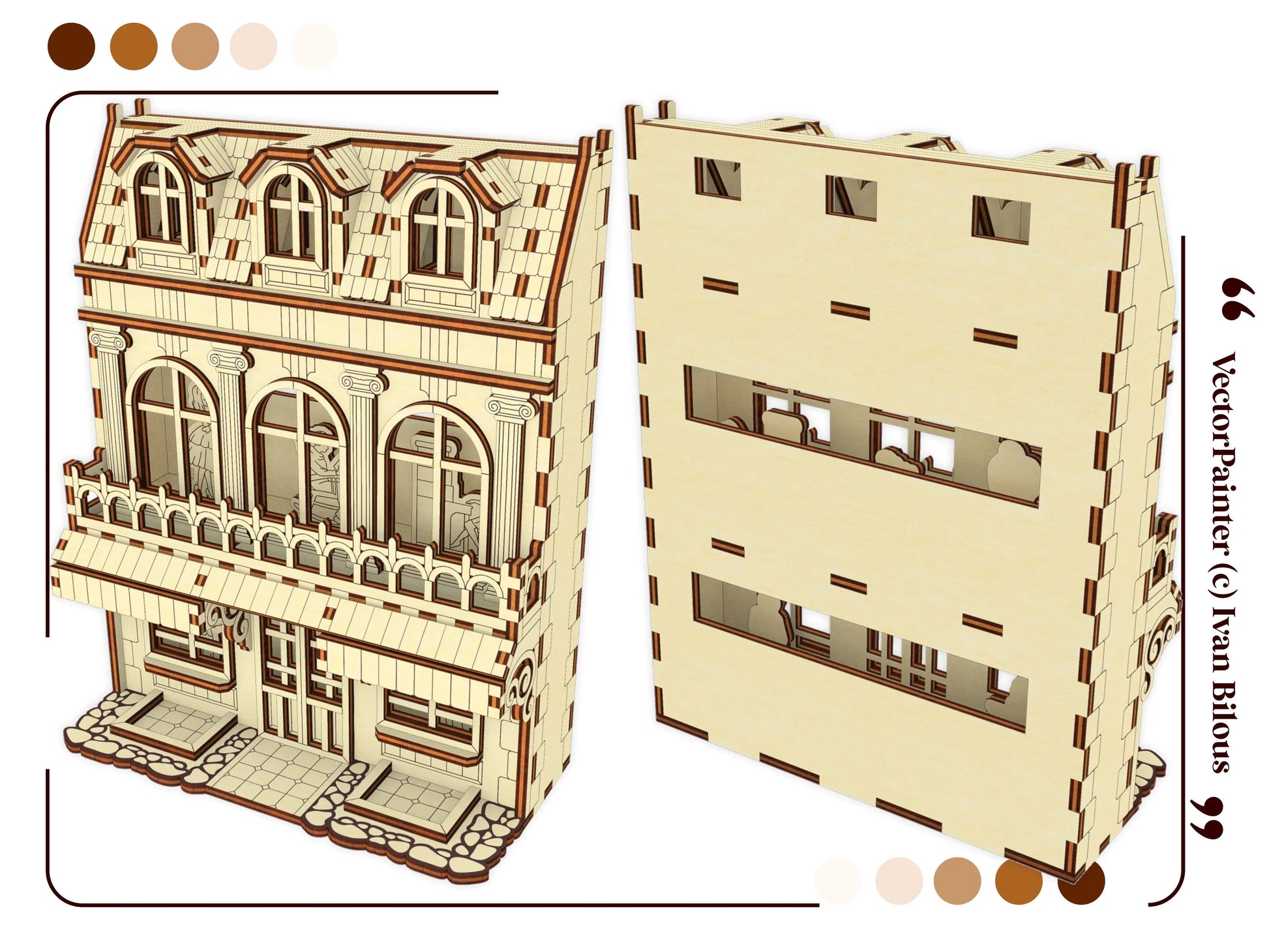 3D digital template graphics displaying both the detailed front and open back views of a house design in laser cut plywood