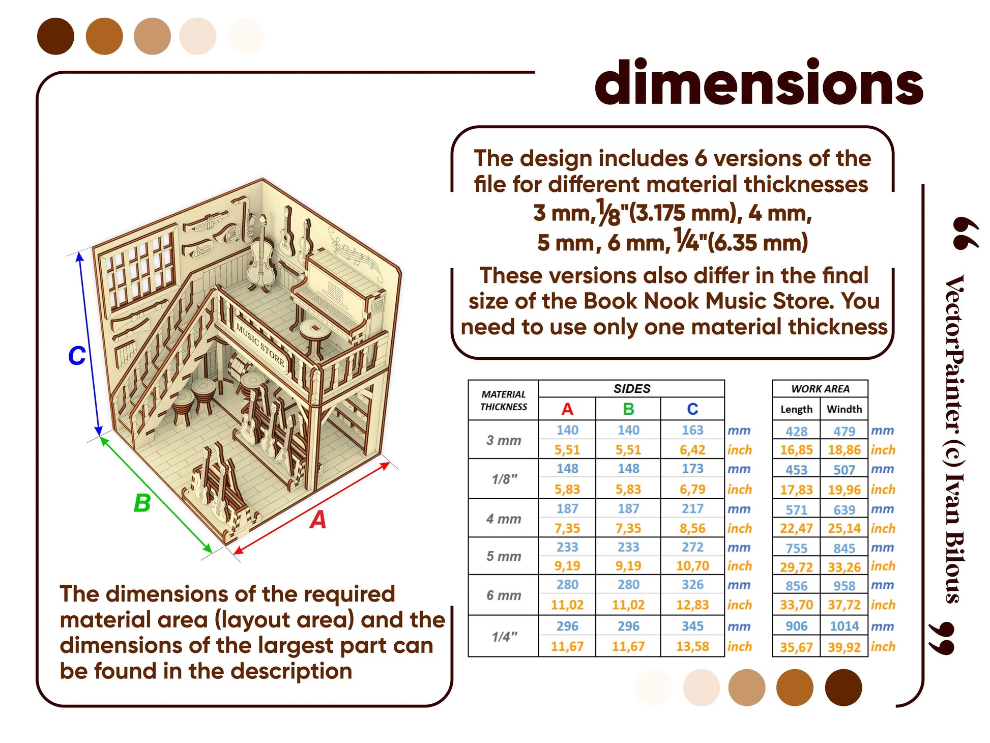 Sizing chart infographic for a laser cut plywood music shop model, displaying material options from 3mm to 6mm thick.