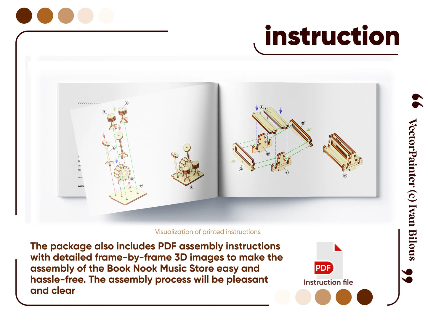 Assembly manual for a laser cut plywood music store book nook, with 3D diagrams of miniature drum kits and benches.