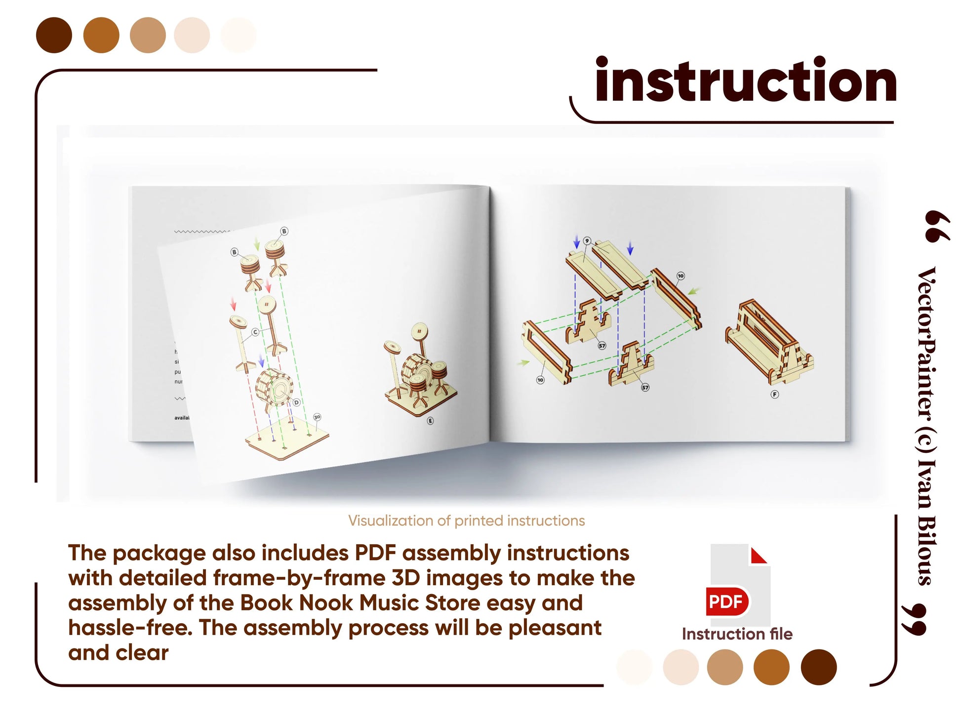 Assembly manual for a laser cut plywood music store book nook, with 3D diagrams of miniature drum kits and benches.