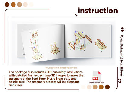 Assembly manual for a laser cut plywood music store book nook, with 3D diagrams of miniature drum kits and benches.