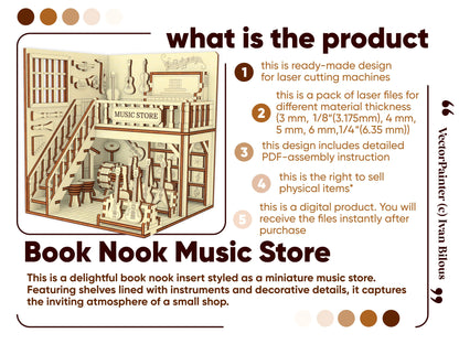 Product description card for a digital laser cut plywood template to craft a miniature two story musical instrument shop.