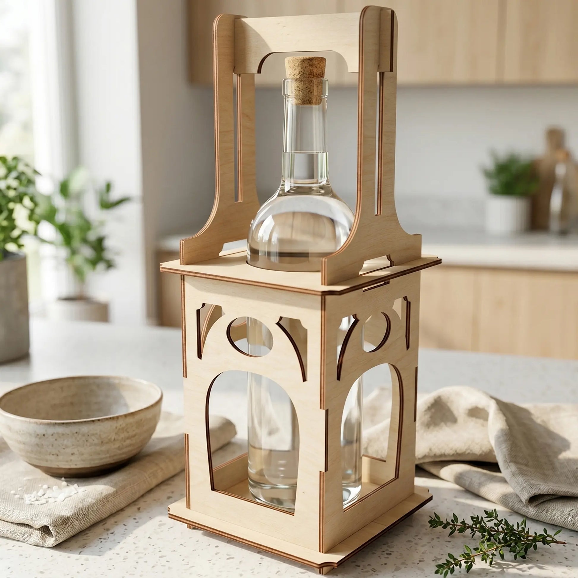 Laser cut plywood bottle holder with arched designs on a sunlit kitchen counter near a ceramic bowl and linen napkins