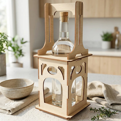 Laser cut plywood bottle holder with arched designs on a sunlit kitchen counter near a ceramic bowl and linen napkins