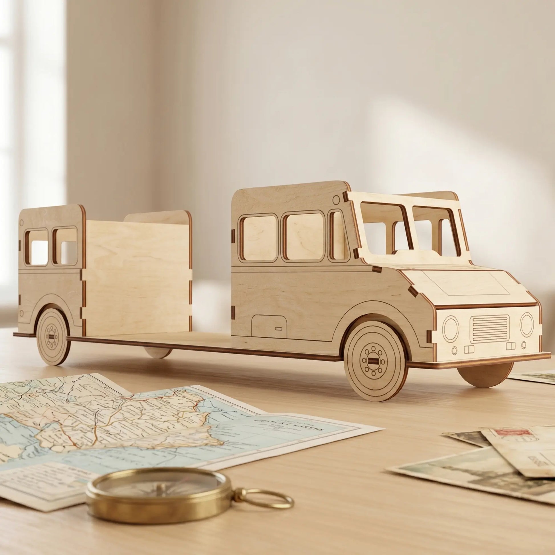 Laser cut plywood truck desk organizer holding travel postcards and a London guide book on a wooden table with paper maps
