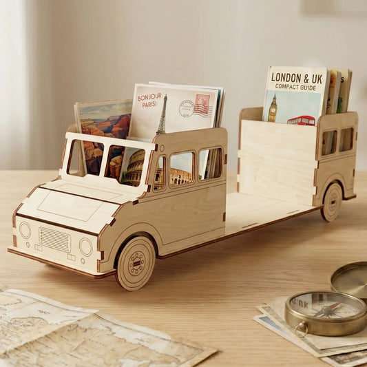 A miniature laser cut plywood truck model sits on a wooden desk next to a vintage map and a brass compass in warm light