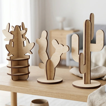 Three laser cut plywood cactus figurines on a light wood desk in a bright, minimalist Scandinavian home with visible layering