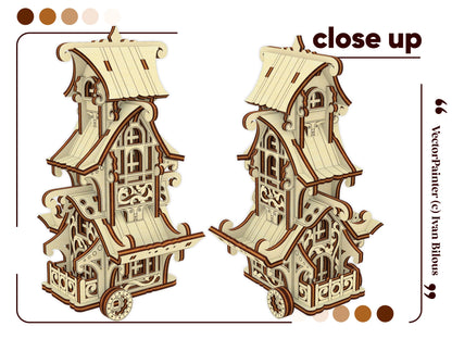 Detailed zoom render of intricate wheel frames and tiny window shutters on a mini laser cut plywood mobile home kit.