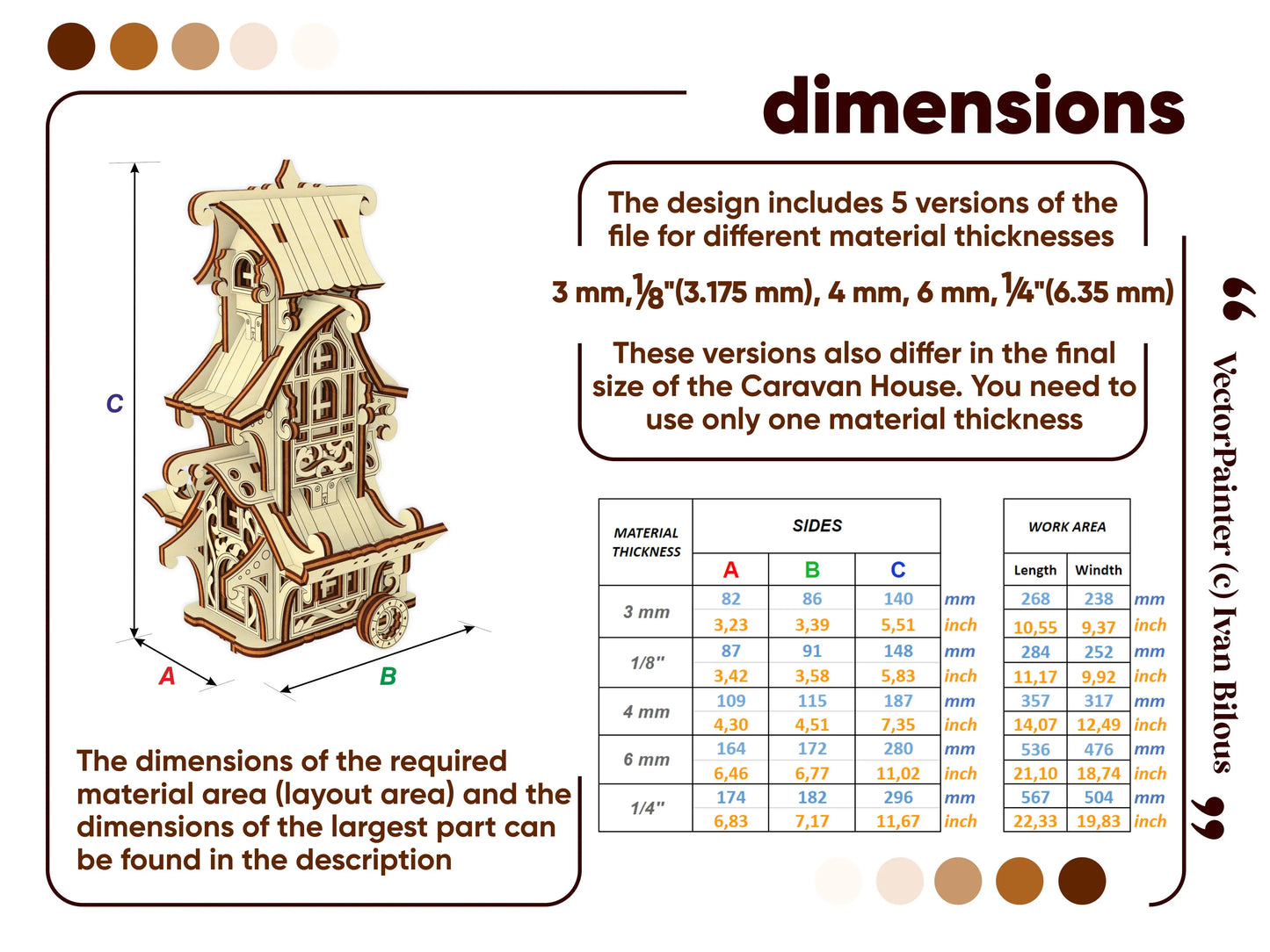 Metric grid sizing layout chart for a 3D miniature fairytale carriage model made of laser cut plywood sheet areas.