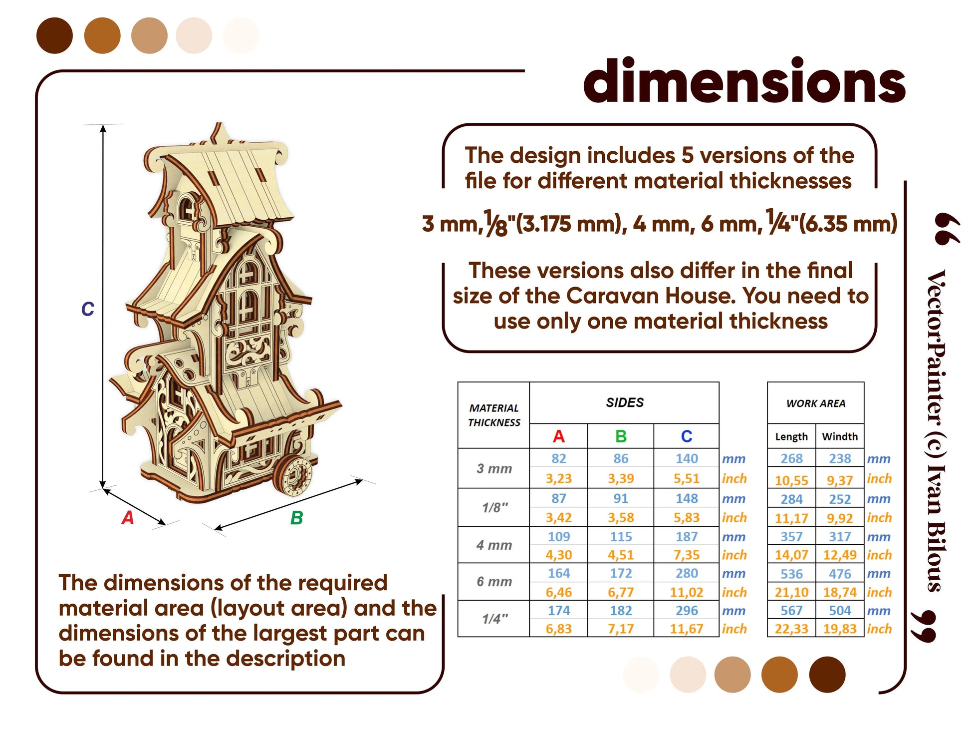Metric grid sizing layout chart for a 3D miniature fairytale carriage model made of laser cut plywood sheet areas.