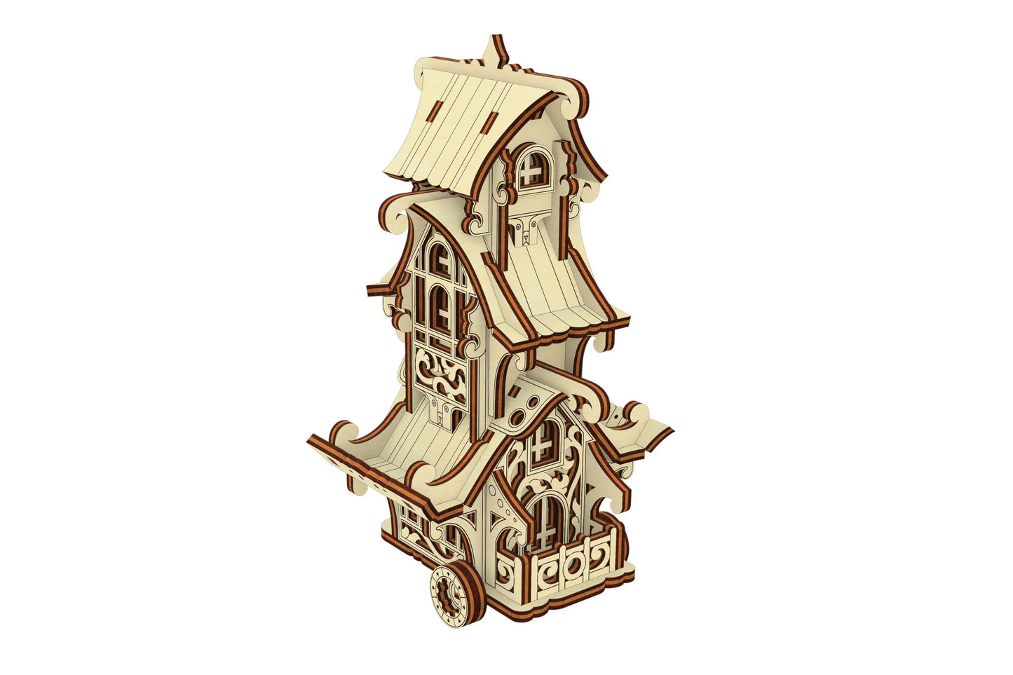 Left-side three-quarter perspective of an assembled vintage carriage puzzle model built of laser cut plywood sheet.