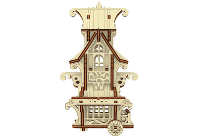 High-angle isometric view of a miniature 3D travel gypsy caravan kit manufactured from white laser cut plywood parts.