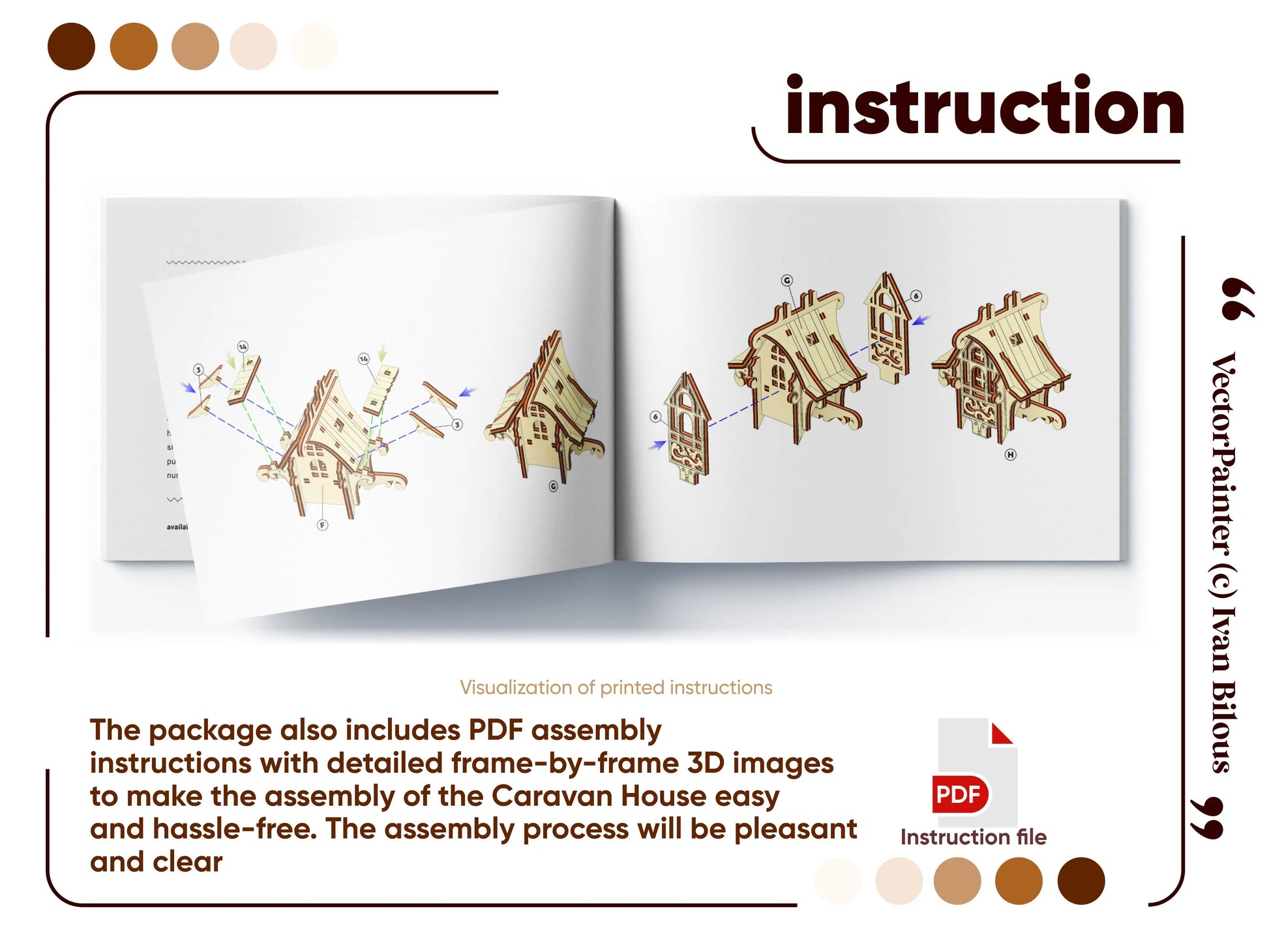 Open instruction book showing digital 3D assembly manual steps for building a vintage laser cut plywood caravan wagon.