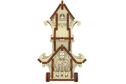 Straight back view of a fairytale mobile house kit highlighting laser cut plywood details like tiny window frames.