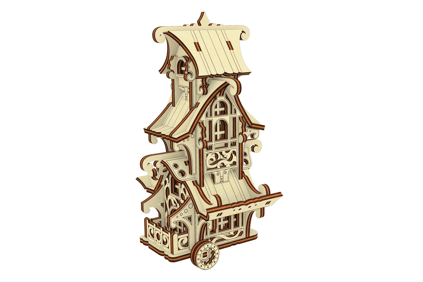 Rear perspective view of an assembled decorative fantasy camper house model made of multi-layered laser cut plywood.