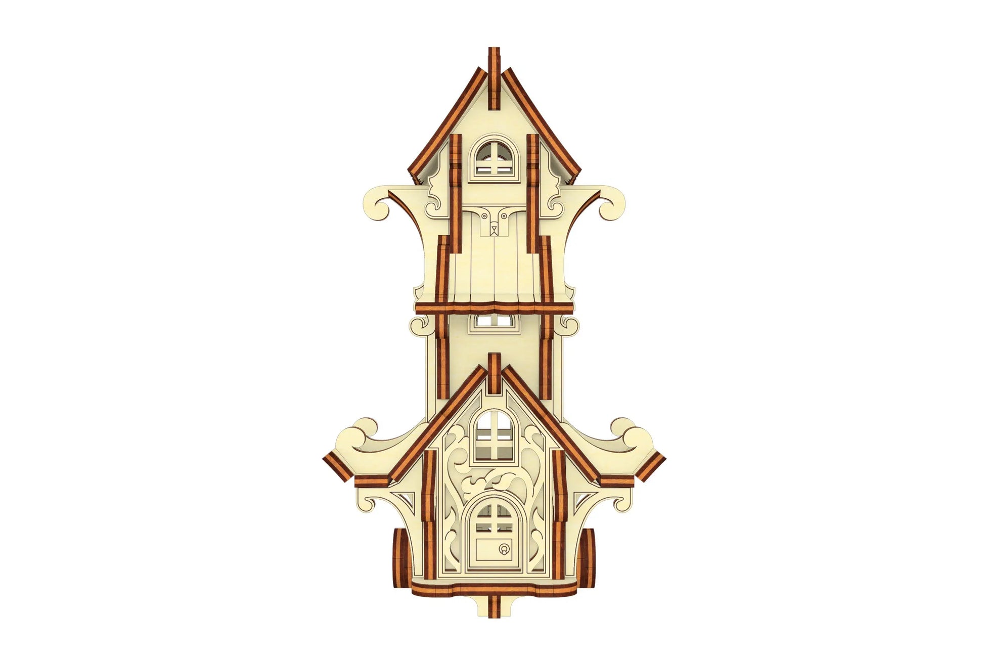 Symmetrical front view of a 3D whimsical vardo wagon model constructed out of flat interlocking laser cut plywood.