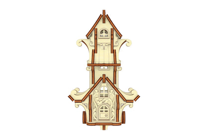 Symmetrical front view of a 3D whimsical vardo wagon model constructed out of flat interlocking laser cut plywood.