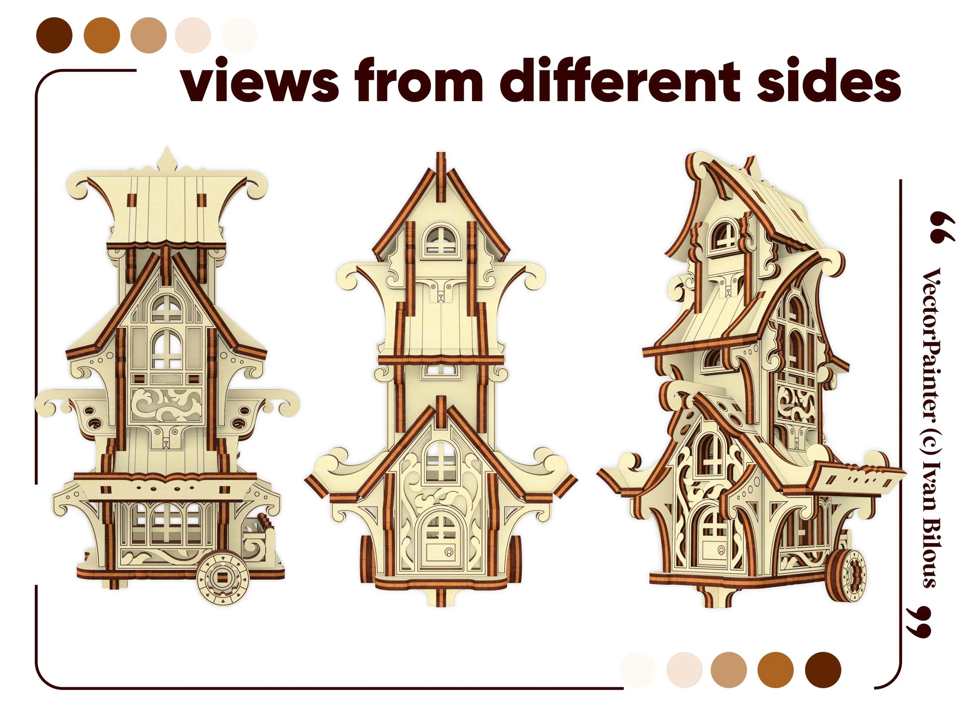 Multiple multi-angle presentation views of an assembled 3D fairytale vardo wagon puzzle of laser cut plywood layers.