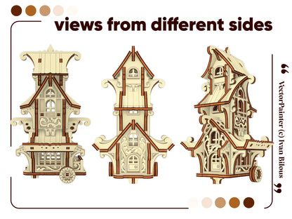 Multiple multi-angle presentation views of an assembled 3D fairytale vardo wagon puzzle of laser cut plywood layers.