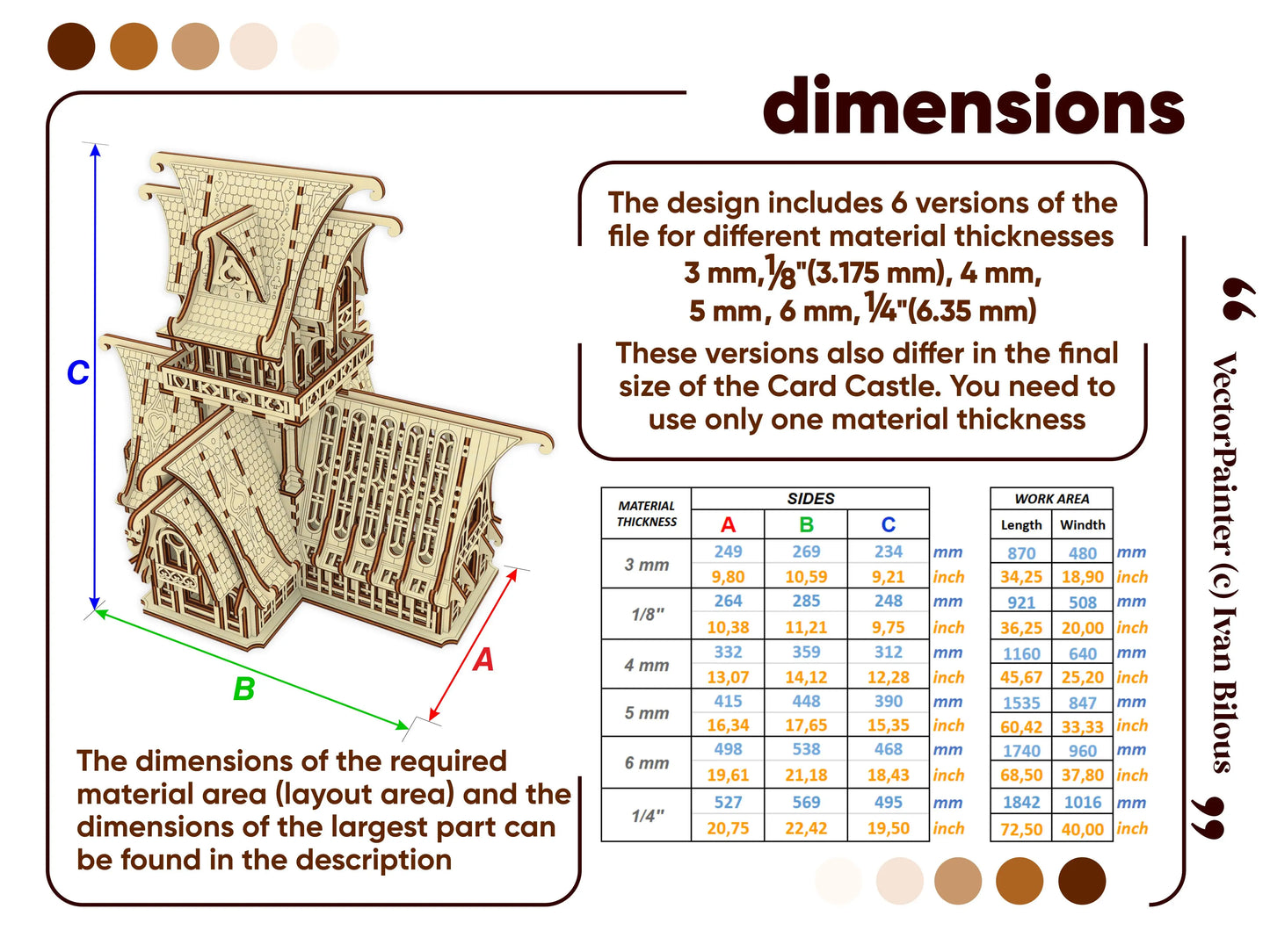 Dimensions of a laser cut plywood castle model with material thickness options and layout area dimensions.