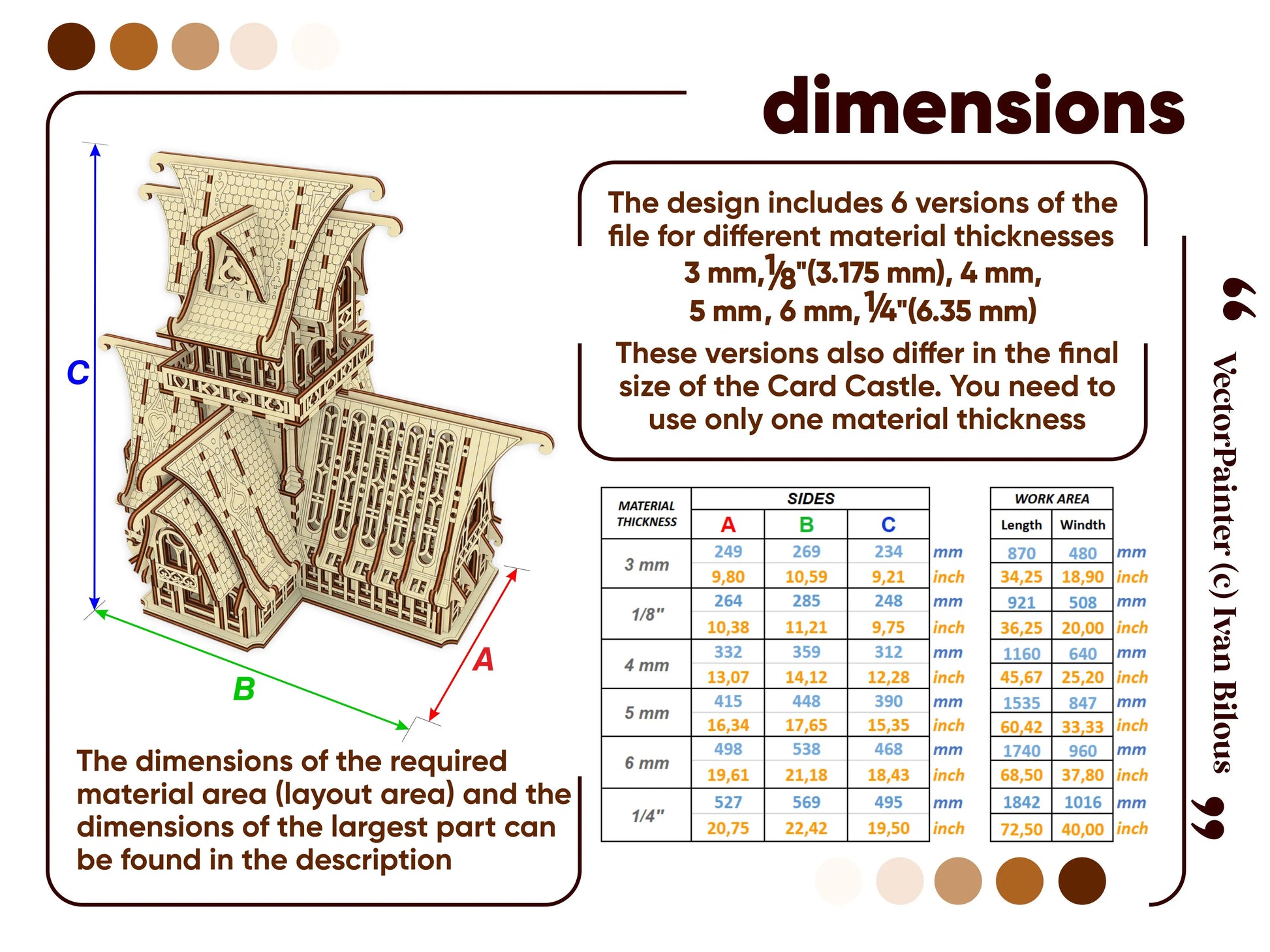 Dimensions of a laser cut plywood castle model with material thickness options and layout area dimensions.