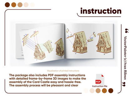 Open book showing step-by-step instructions for assembling a lsaer cut model, with text and PDF icon on a white background.