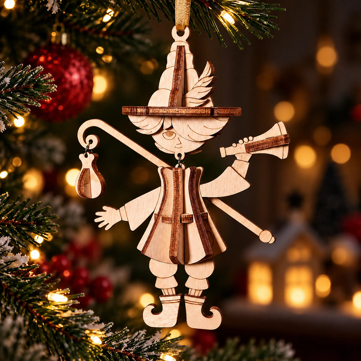 A wooden laser cut Christmas Elf ornament shaped like a stylized figure in historical clothing, hanging on a decorated Christmas tree with warm lights and blurred holiday background.