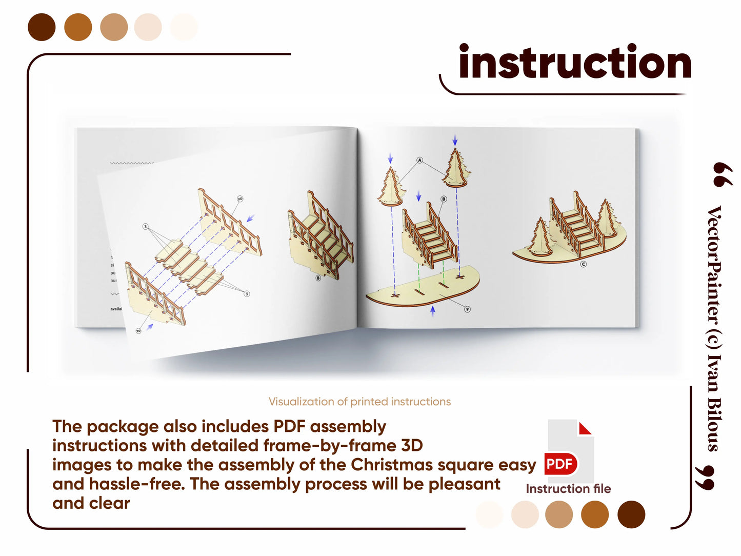 Open guide booklet showing clear step-by-step 3D assembly steps for the laser cut plywood Christmas square model.