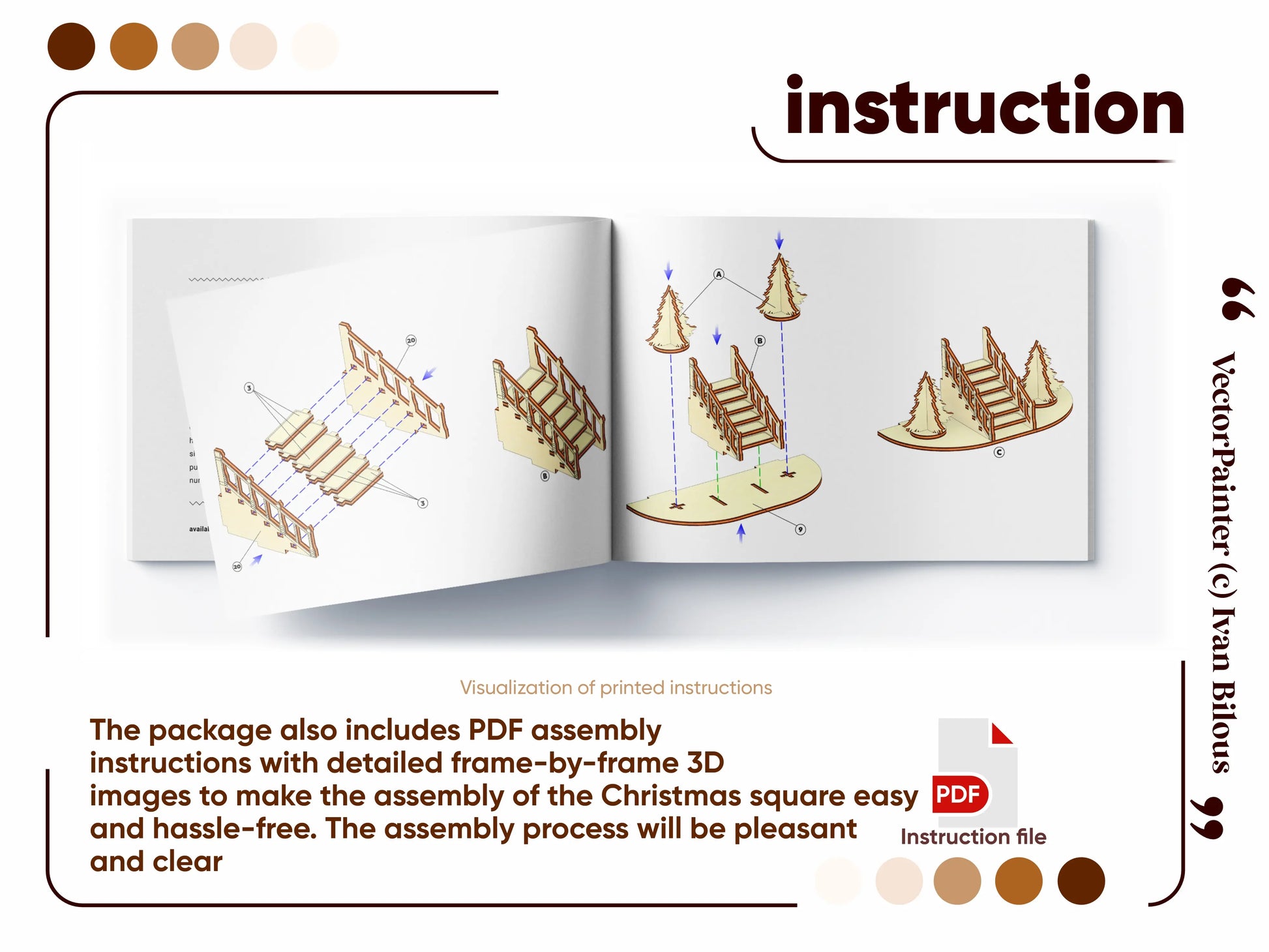 Open guide booklet showing clear step-by-step 3D assembly steps for the laser cut plywood Christmas square model.