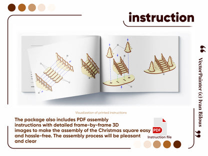Open guide booklet showing clear step-by-step 3D assembly steps for the laser cut plywood Christmas square model.