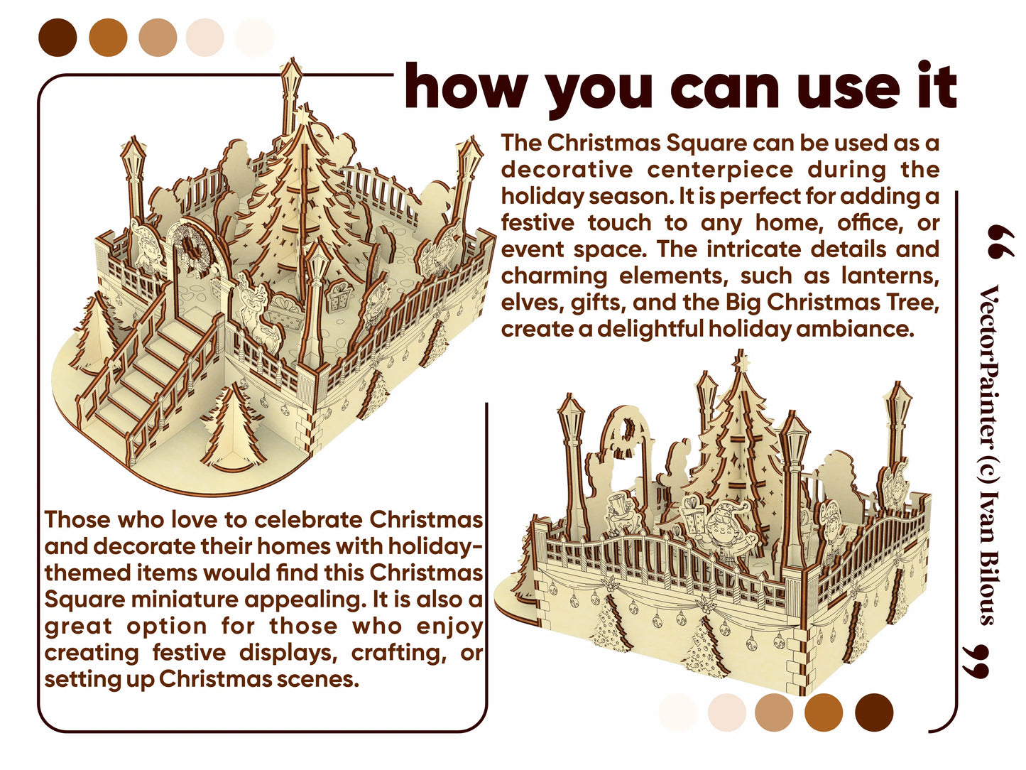Two angled graphic views showcasing the assembled laser cut plywood winter village centerpiece with holiday decor ideas.