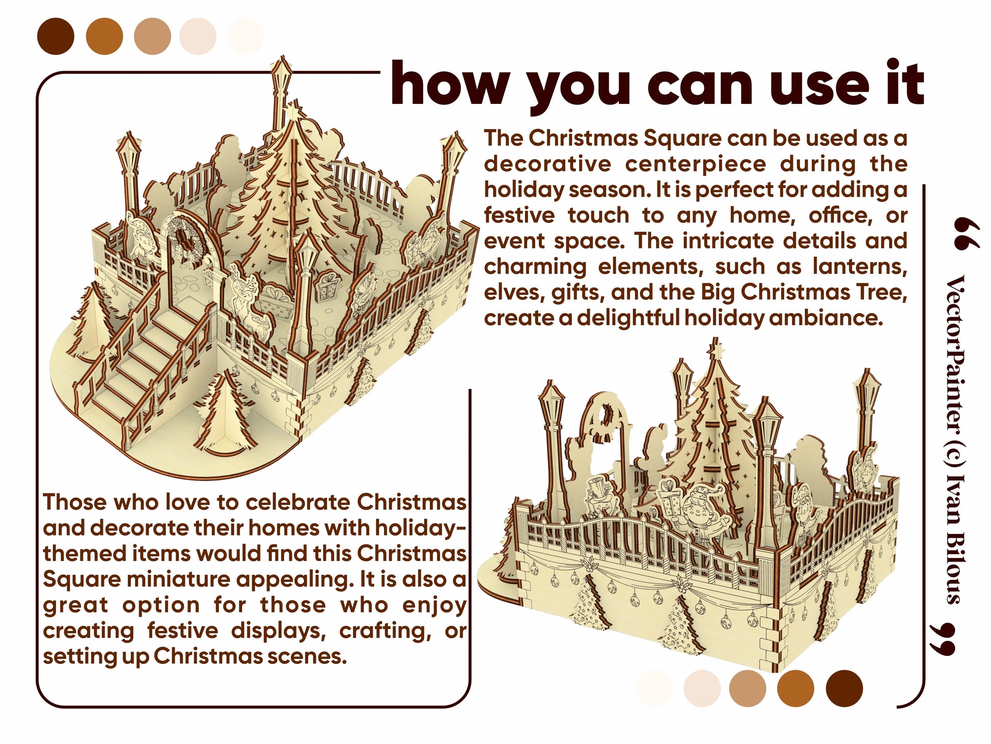 Two angled graphic views showcasing the assembled laser cut plywood winter village centerpiece with holiday decor ideas.