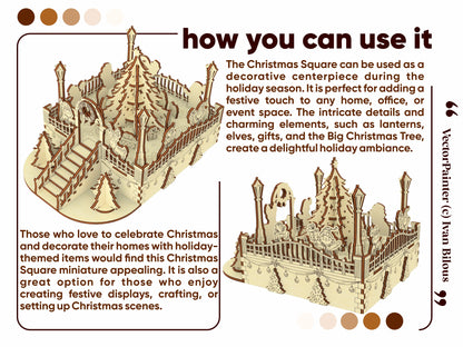 Two angled graphic views showcasing the assembled laser cut plywood winter village centerpiece with holiday decor ideas.