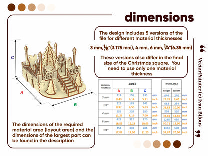 Sizing guide table for laser cut plywood holiday diorama, showing dimensions for 3mm, 4mm, and 6mm thickness options.