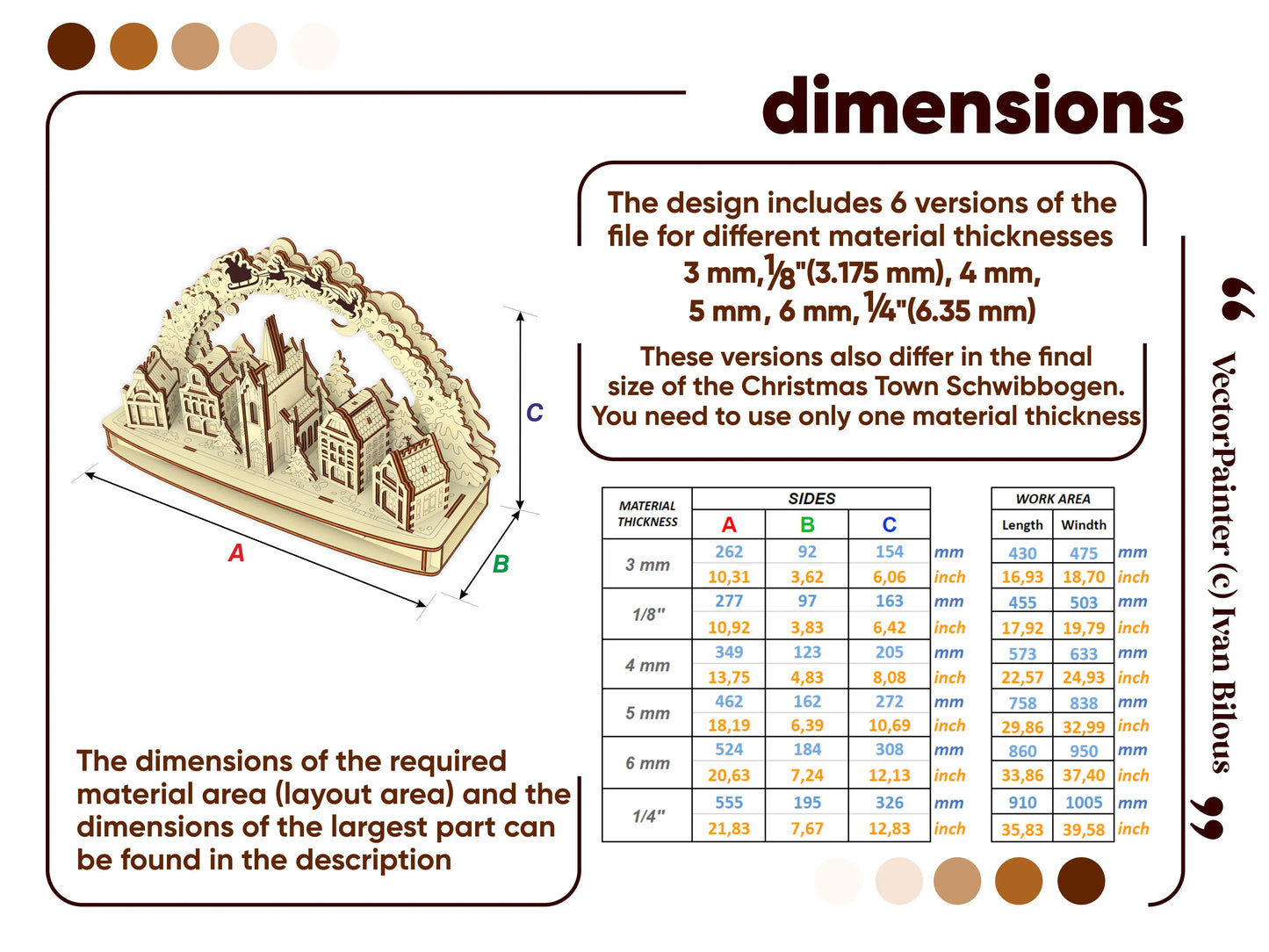 Technical dimension guide infographic with a size chart table for a Christmas town arch made of laser cut plywood sheets.