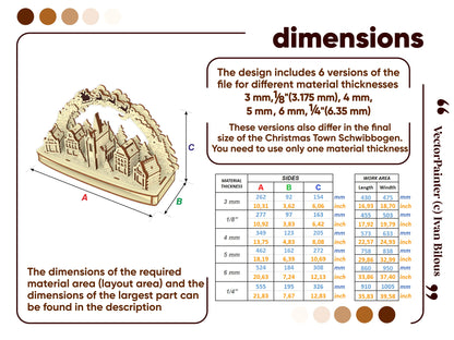 Technical dimension guide infographic with a size chart table for a Christmas town arch made of laser cut plywood sheets.