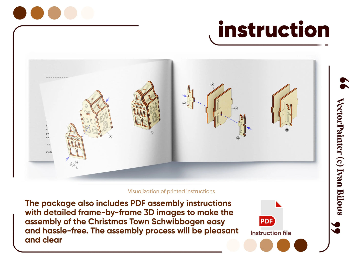 Open assembly instruction manual booklet showing step-by-step 3D diagrams for the laser cut plywood miniature townhouse.