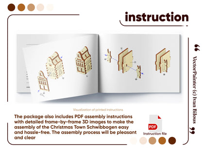 Open assembly instruction manual booklet showing step-by-step 3D diagrams for the laser cut plywood miniature townhouse.