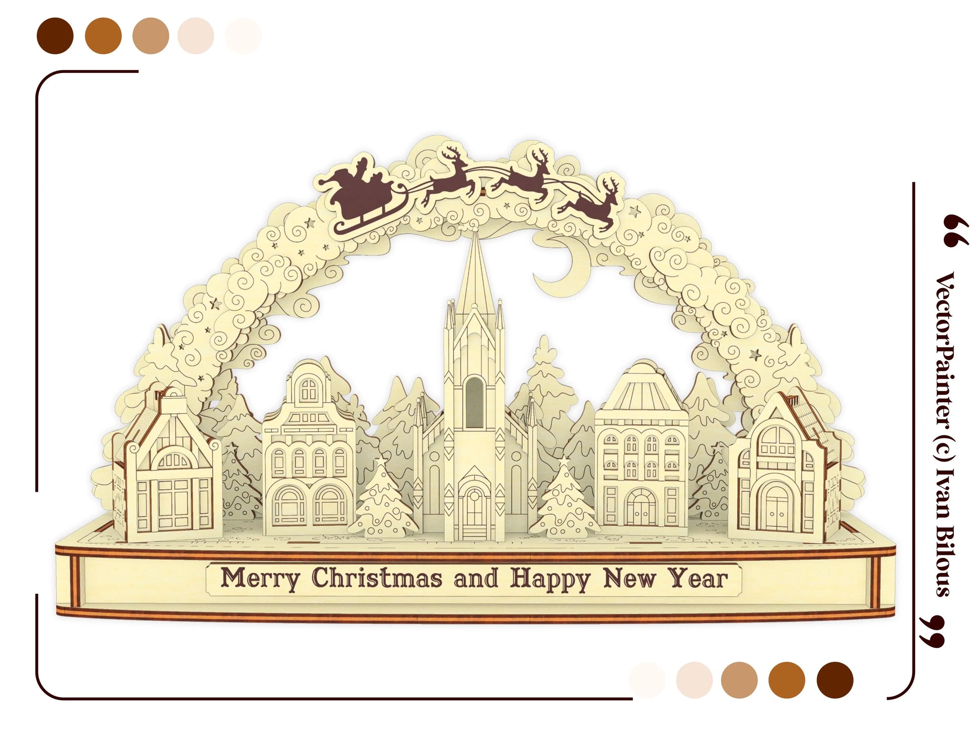 Beautiful straight front view of a 3D Christmas arch with houses, pine trees, and Santa sleigh, made of laser cut plywood