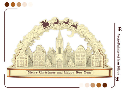 Beautiful straight front view of a 3D Christmas arch with houses, pine trees, and Santa sleigh, made of laser cut plywood